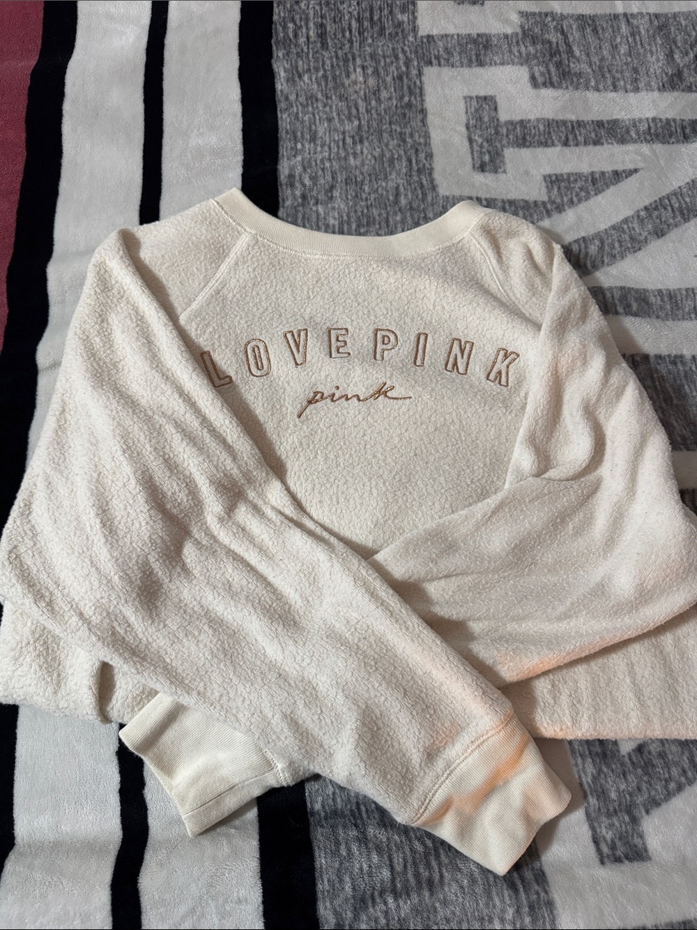 PINK Victoria's Secret Cream "LOVE PINK" Embroidered Crewneck Sweater